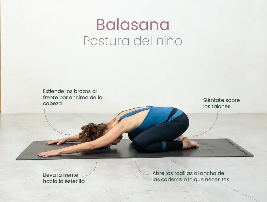 Persona en Balasana, postura del niño, mostrando alineación de brazos, piernas y espalda.